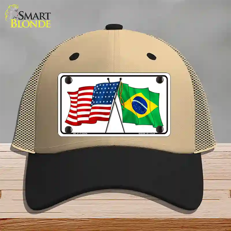 Brazil USA Crossed Flags Novelty License Plate Hat Tag Mesh / Khaki|Black