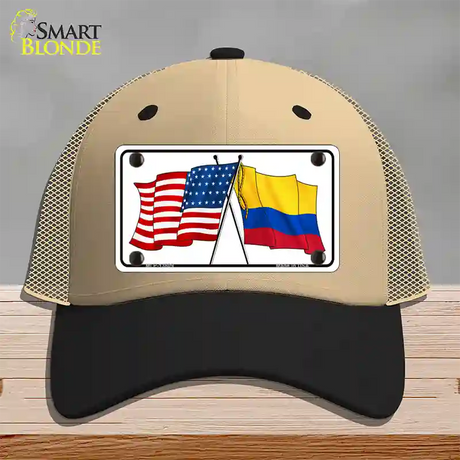 Colombia USA Crossed Flags Novelty License Plate Hat Tag Mesh / Khaki|Black