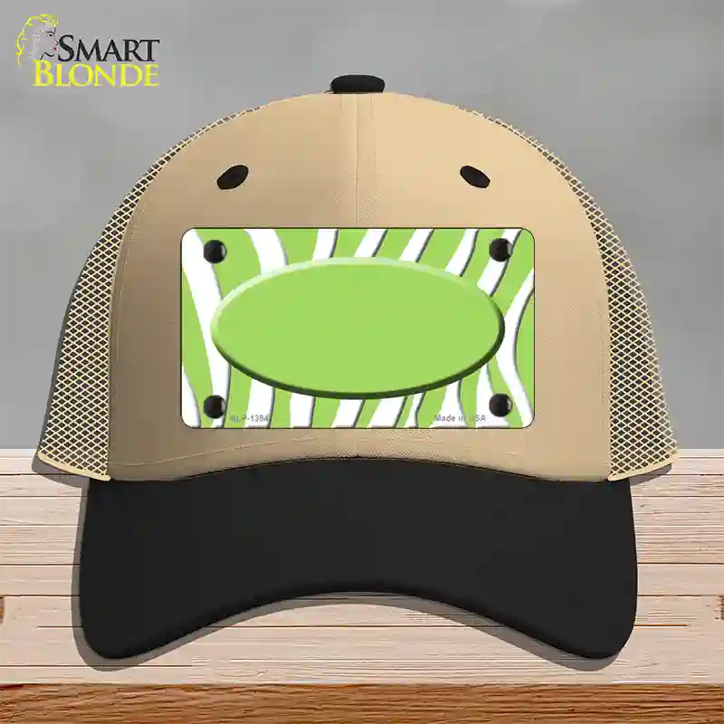 Lime Green White Zebra Center Oval Novelty License Plate Hat Mesh / Khaki|Black