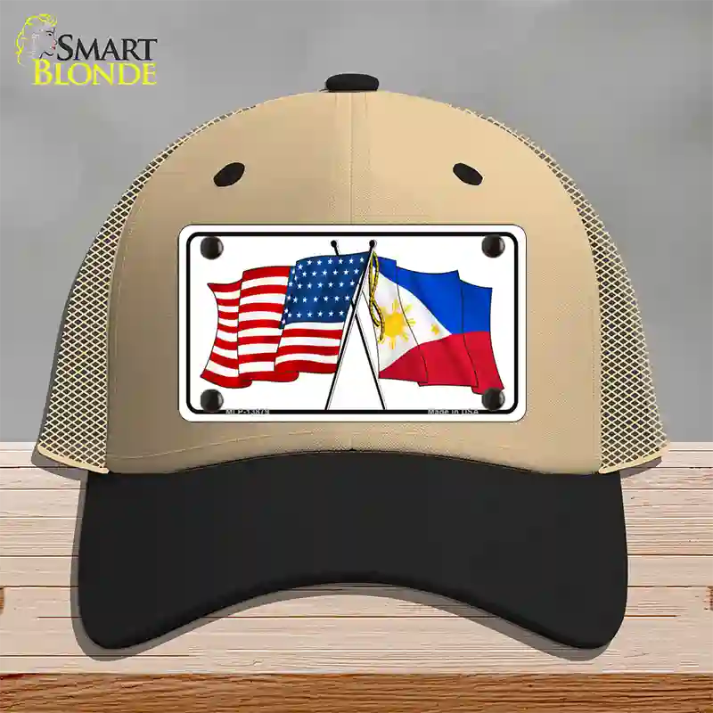 Philippines US Crossed Flag Novelty License Plate Hat Tag Mesh / Khaki|Black