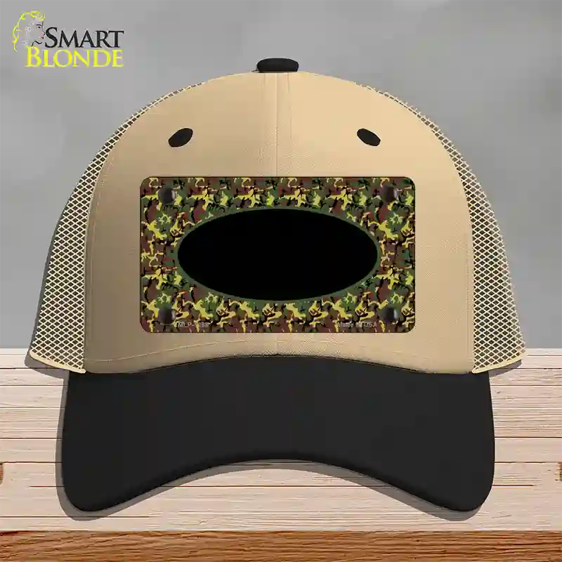 Green Camo Oval With Black Oval Center Novelty License Plate Hat Mesh / Khaki|Black