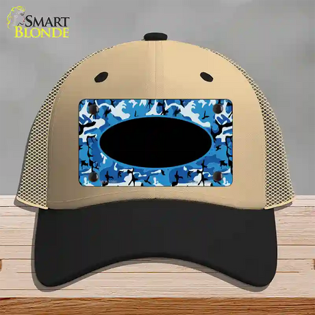 Blue Camo With Black Center Oval Novelty License Plate Hat Mesh / Khaki|Black