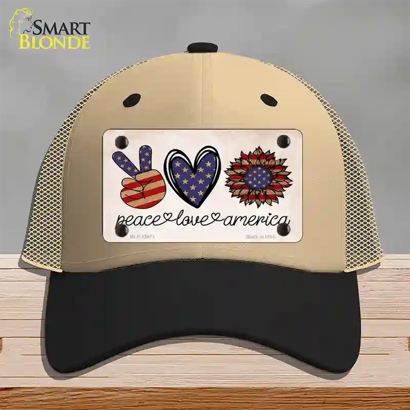 Peace Love America Novelty License Plate Hat Tag Mesh / Khaki|Black