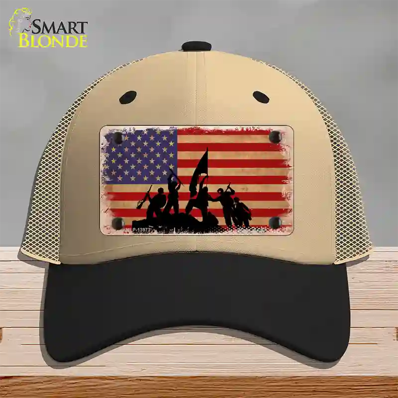 Grunge American Flag with Soldiers Novelty License Plate Hat Tag Mesh / Khaki|Black