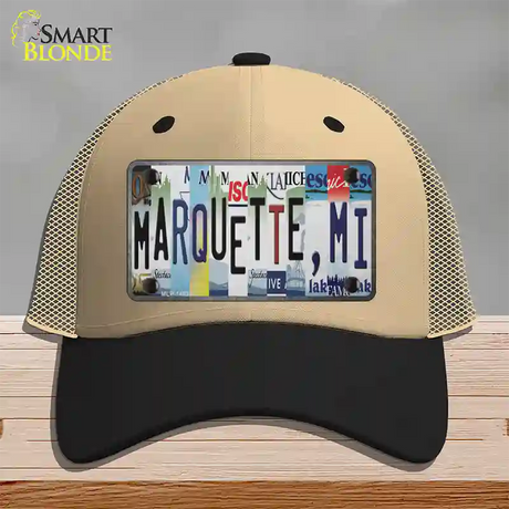 Marquette MI Strip Art Novelty License Plate Hat Tag Mesh / Khaki|Black