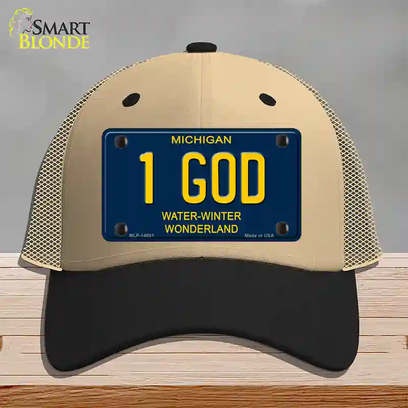 1 God Michigan Blue Novelty License Plate Hat Mesh / Khaki|Black