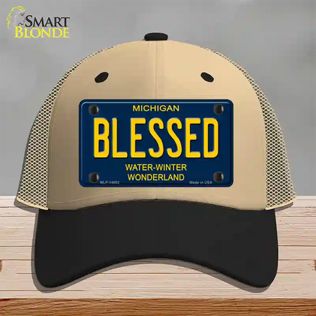 Blessed Michigan Blue Novelty License Plate Hat Mesh / Khaki|Black