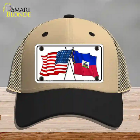 Haiti Crossed US Flag Novelty License Plate Hat Mesh / Khaki|Black