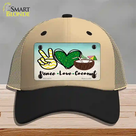 Peace Love Coconut Novelty License Plate Hat Mesh / Khaki|Black