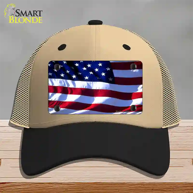 American Flag Wavy Novelty License Plate Hat Mesh / Khaki|Black