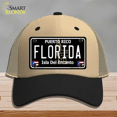 Florida Puerto Rico Black Novelty License Plate Hat Mesh / Khaki|Black