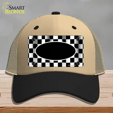 Waving Checkered Flag With Black Center Oval Novelty License Plate Hat Mesh / Khaki|Black