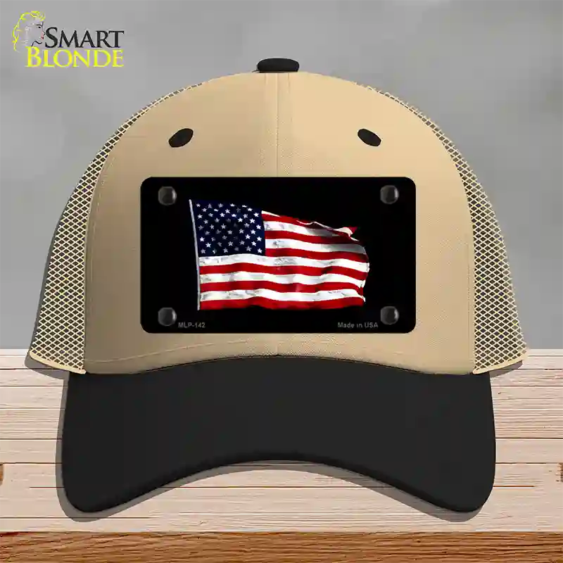 Waving American Flag Black Novelty License Plate Hat Mesh / Khaki|Black