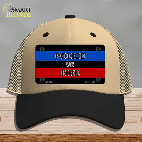 Police Vs. Fire Novelty License Plate Hat Mesh / Khaki|Black