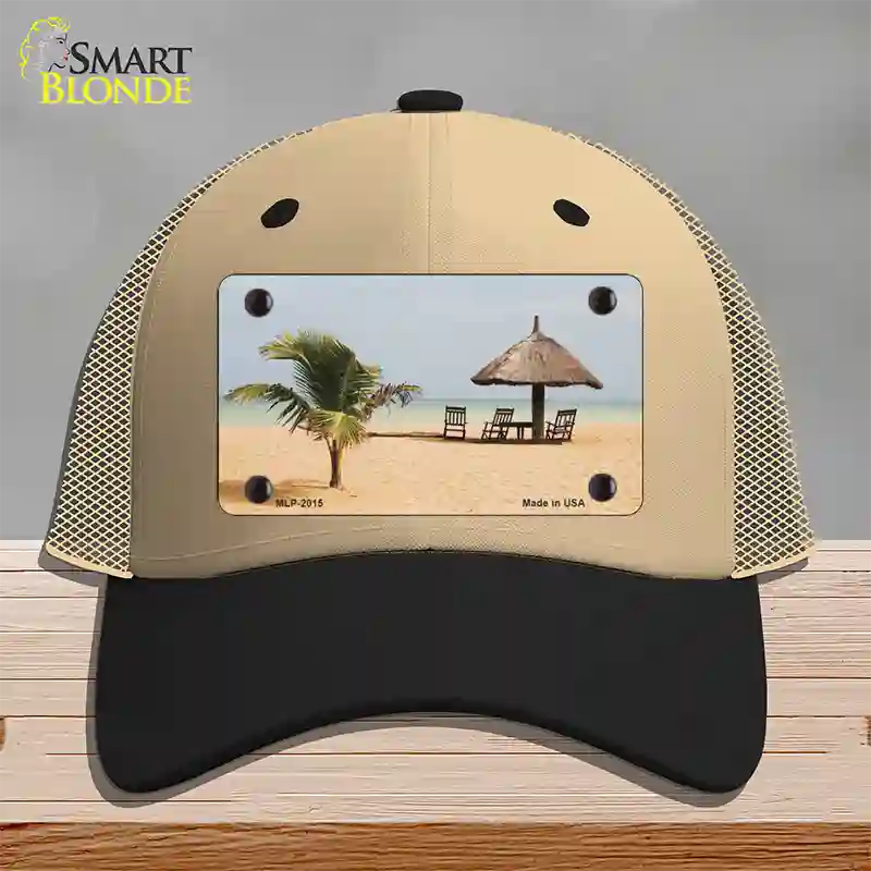 Tropical Beach Setting Novelty License Plate Hat Mesh / Khaki|Black