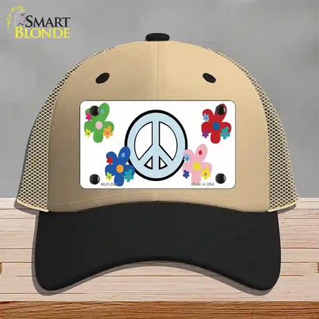 Peace Sign and Flowers Novelty License Plate Hat Mesh / Khaki|Black