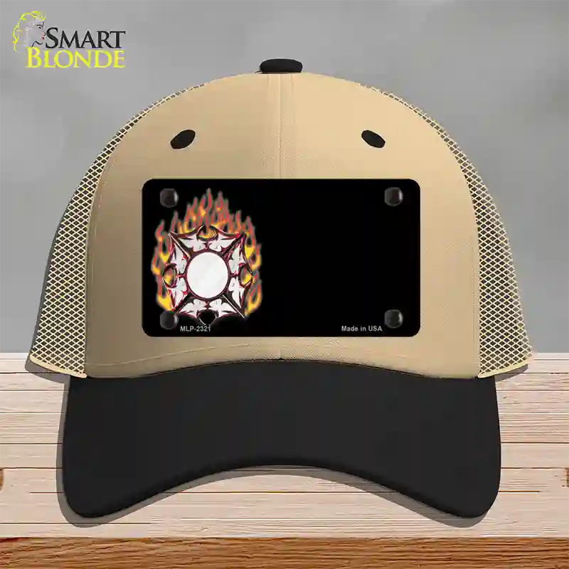 Fire Cross Offset Flat Novelty License Plate Hat Mesh / Khaki|Black