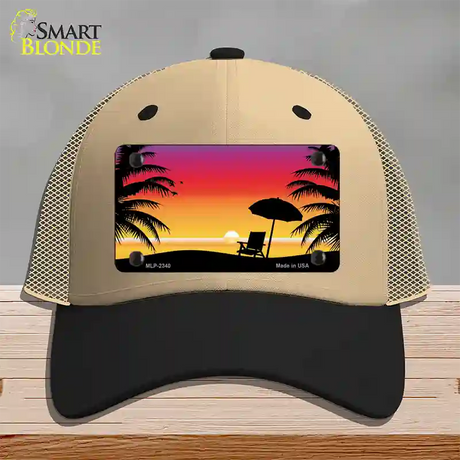 Sunset Beach Novelty License Plate Hat Mesh / Khaki|Black