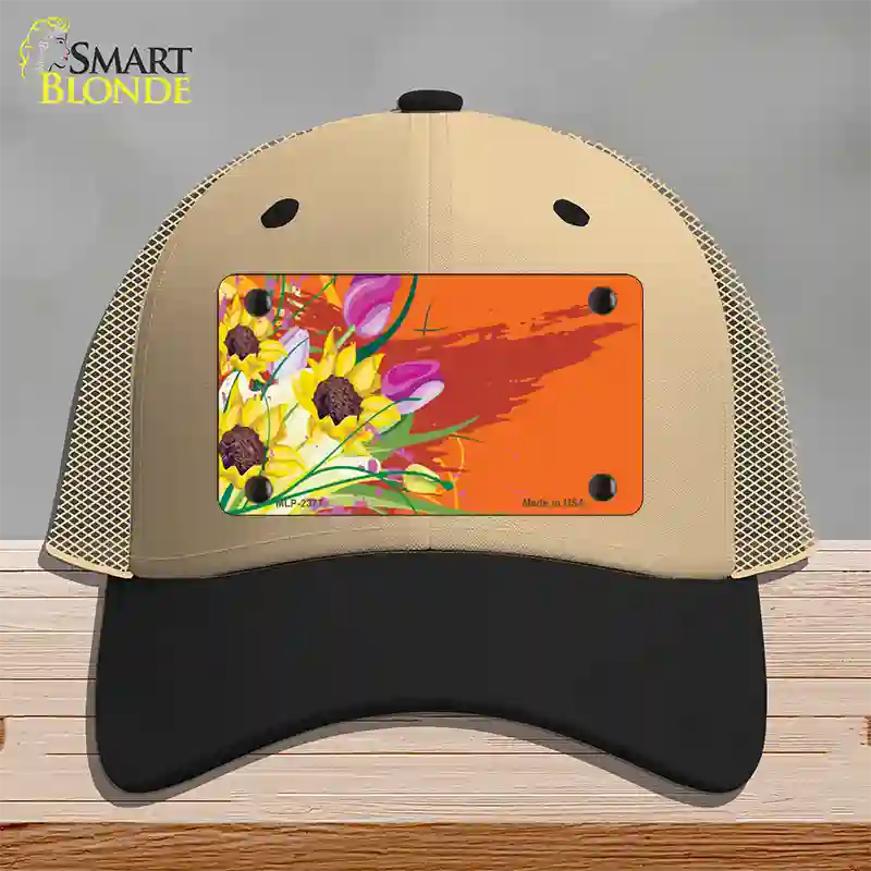 Floral Bouquet Offset Novelty License Plate Hat Mesh / Khaki|Black