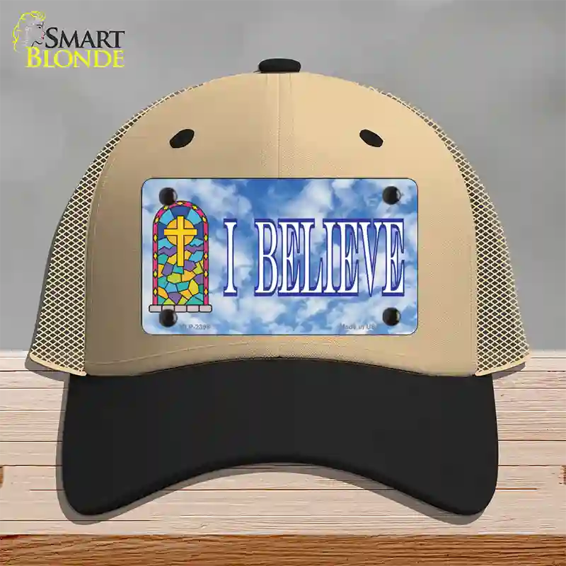 I Believe Novelty License Plate Hat Mesh / Khaki|Black