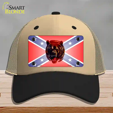 Confederate Flag Grizzly Bear Novelty License Plate Hat Mesh / Khaki|Black