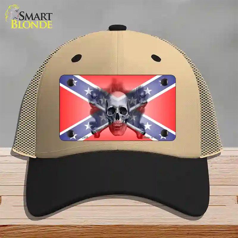 Confederate Flag Skull Novelty License Plate Hat Mesh / Khaki|Black