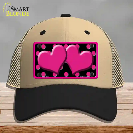 Hot Pink Black Polka Dot Hot Pink Center Hearts Novelty License Plate Hat Mesh / Khaki|Black