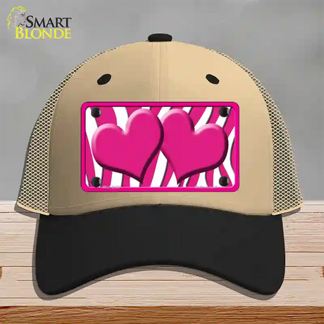 Hot Pink White Zebra Hot Pink Centered Hearts Novelty License Plate Hat Mesh / Khaki|Black