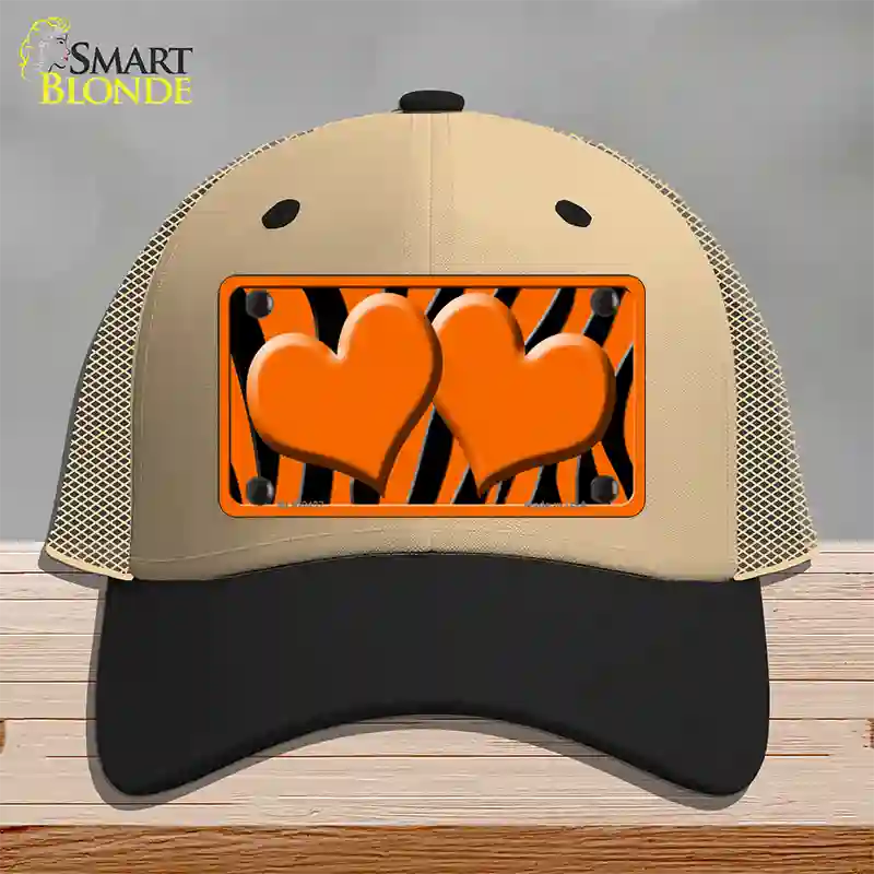 Orange Black Zebra Orange Centered Hearts Novelty License Plate Hat Mesh / Khaki|Black