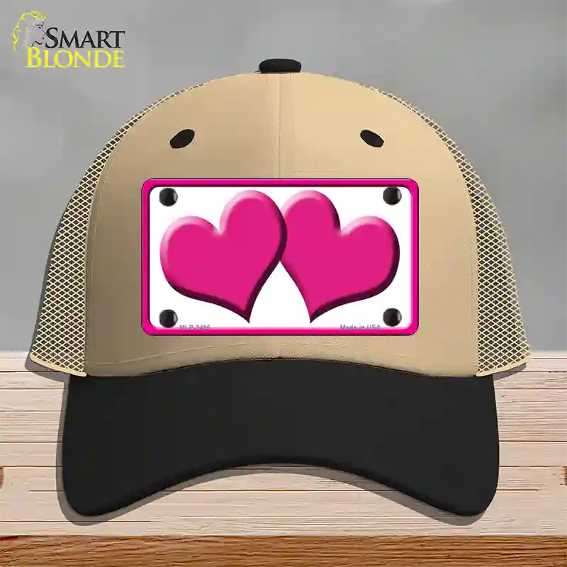 Solid Pink Centered Hearts White Novelty License Plate Hat Mesh / Khaki|Black