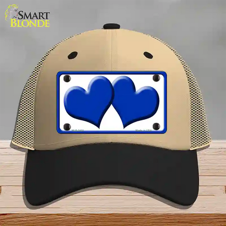 Solid Blue Centered Hearts White Novelty License Plate Hat Mesh / Khaki|Black