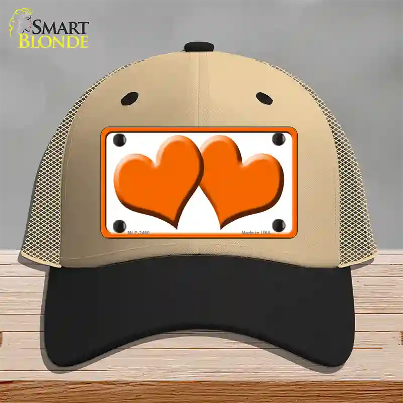 Solid Orange Centered Hearts White Novelty License Plate Hat Mesh / Khaki|Black