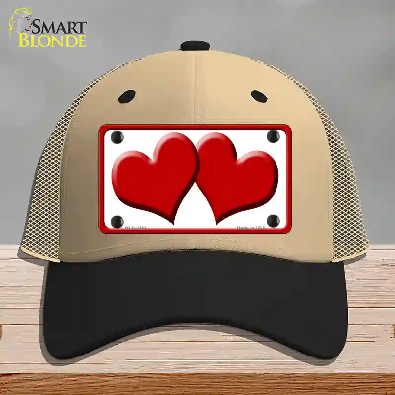 Solid Red Centered Hearts White Novelty License Plate Hat Mesh / Khaki|Black