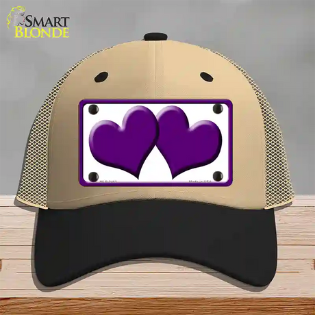 Solid Purple Centered Hearts White Novelty License Plate Hat Mesh / Khaki|Black