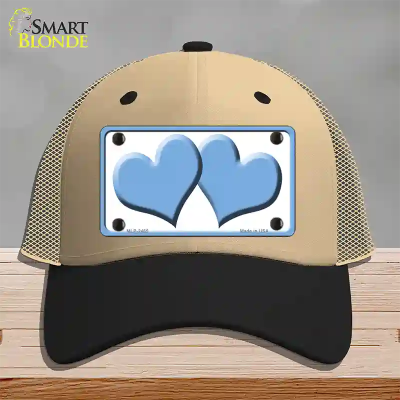 Solid Light Blue Centered Hearts White Novelty License Plate Hat Mesh / Khaki|Black