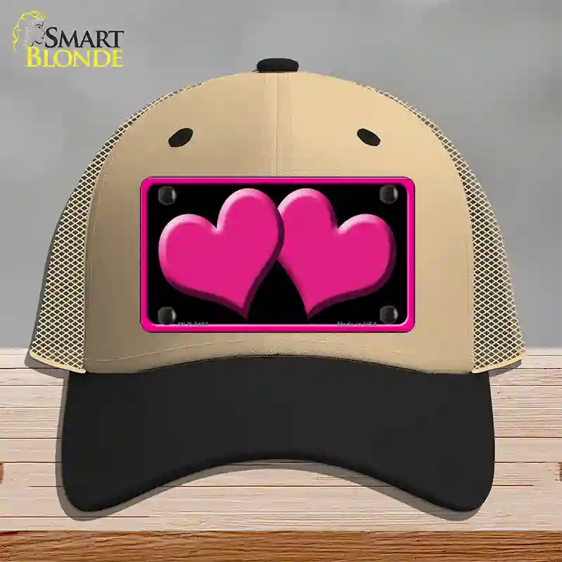 Solid Pink Centered Hearts Black Novelty License Plate Hat Mesh / Khaki|Black