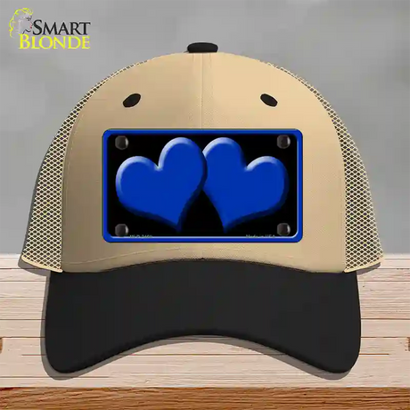 Solid Blue Centered Hearts Black Novelty License Plate Hat Mesh / Khaki|Black