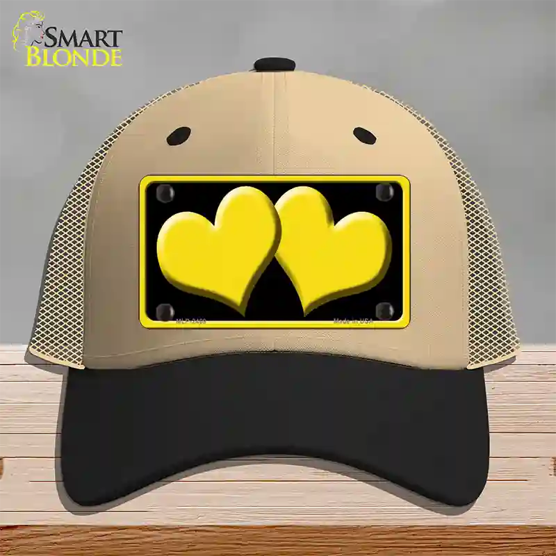 Solid Yellow Centered Hearts Black Novelty License Plate Hat Mesh / Khaki|Black