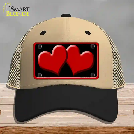 Solid Red Centered Hearts Black Novelty License Plate Hat Mesh / Khaki|Black