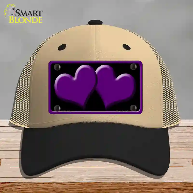 Solid Purple Centered Hearts Black Novelty License Plate Hat Mesh / Khaki|Black