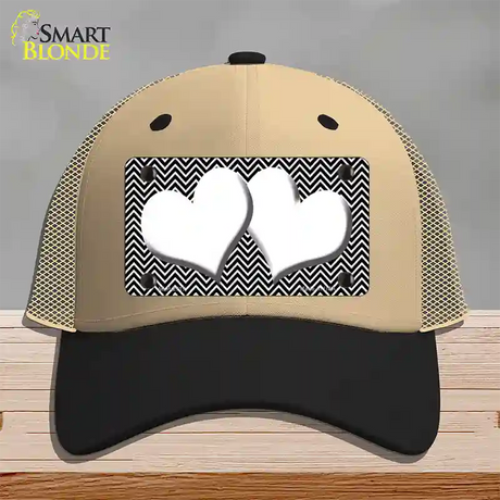 Black White Chevron White Center Hearts Novelty License Plate Hat Mesh / Khaki|Black