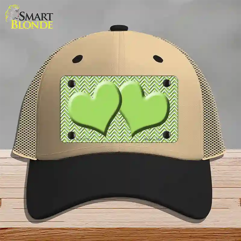 Lime Green White Chevron Lime Green Center Hearts Novelty License Plate Hat Mesh / Khaki|Black