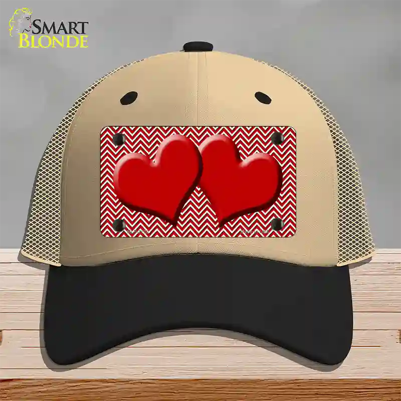 Red White Chevron Red Center Hearts Novelty License Plate Hat Mesh / Khaki|Black