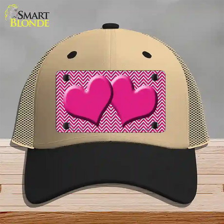 Pink White Chevron Pink Center Hearts Novelty License Plate Hat Mesh / Khaki|Black