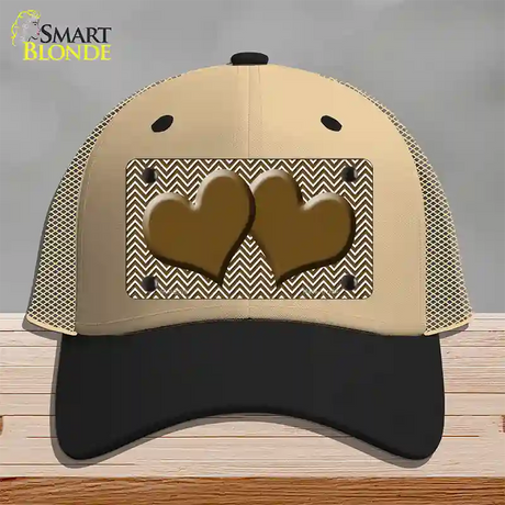 Brown White Chevron Brown Center Hearts Novelty License Plate Hat Mesh / Khaki|Black