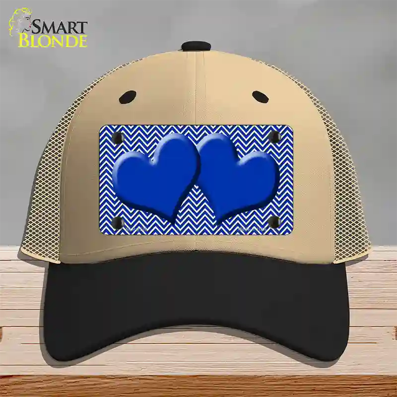 Blue White Chevron Blue Center Hearts Novelty License Plate Hat Mesh / Khaki|Black