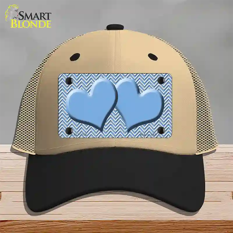 Light Blue White Chevron Light Blue Center Hearts Novelty License Plate Hat Mesh / Khaki|Black