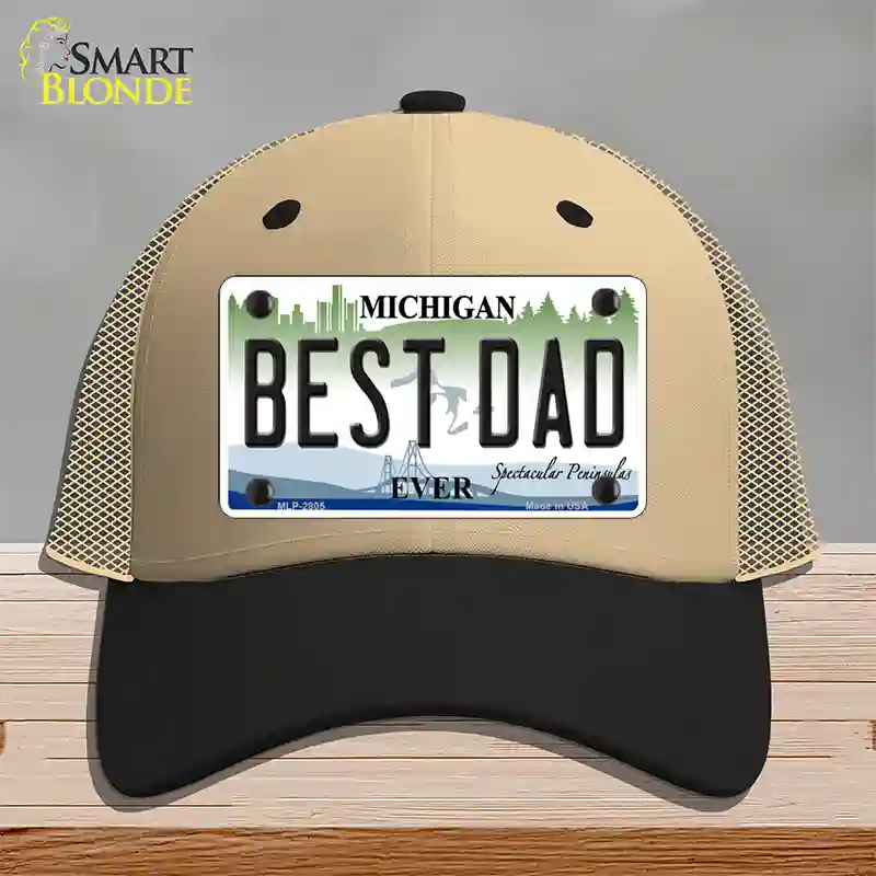 Best Dad Michigan State Novelty License Plate Hat Mesh / Khaki|Black