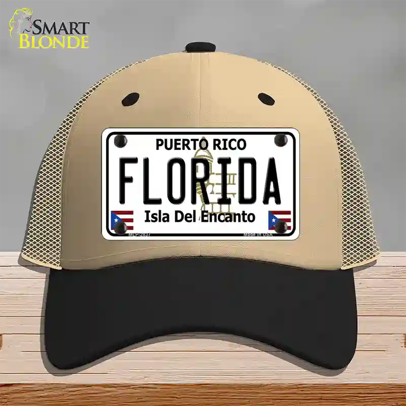 Florida Puerto Rico Novelty License Plate Hat Mesh / Khaki|Black