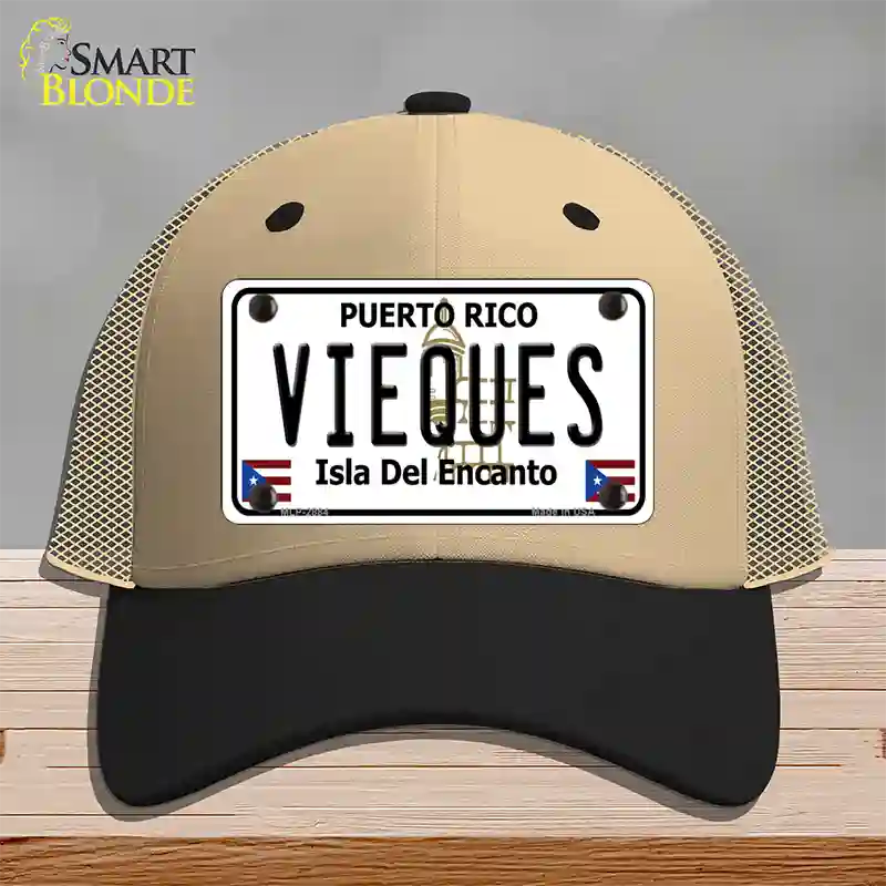 Vieques Puerto Rico Novelty License Plate Hat Mesh / Khaki|Black